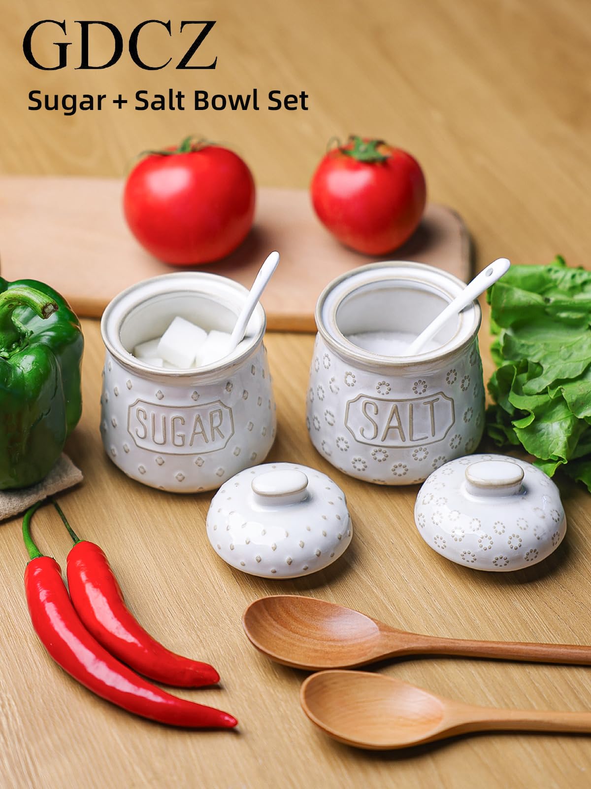GDCZ 10 Oz Ceramic Salt and Sugar Bowls Set with Lid and Spoons, Seasoning Container, Dishwasher Safe, Set of 2 (White)