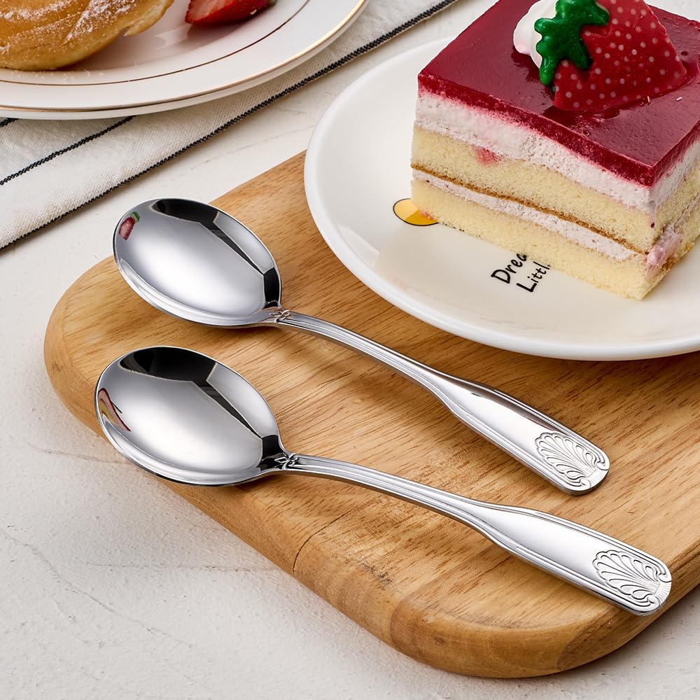 Deeny Jarte 12-Piece Soup Spoon Set, 6.4-Inch Stainless Steel Round Spoons Dessert Spoons, Shell Pattern Teaspoons, Mirror Polished spoons silverware, Dishwasher Safe