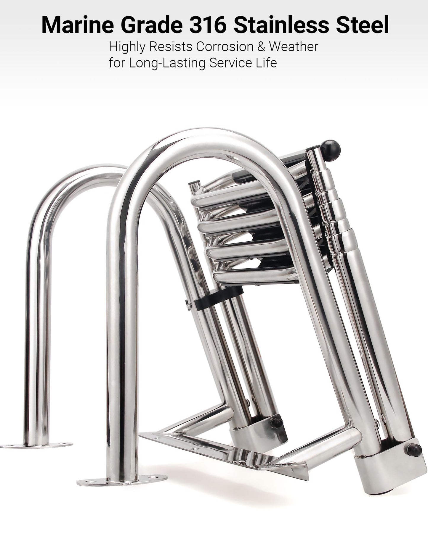 Mojiate 4-Step Heavy-Duty Stainless Steel Pontoon Boat Ladder with Extra Wide Steps & Handrails | Telescoping Folding Rear Entry Ladder, 600lbs Capacity, Marine-Grade 316 Stainless Steel
