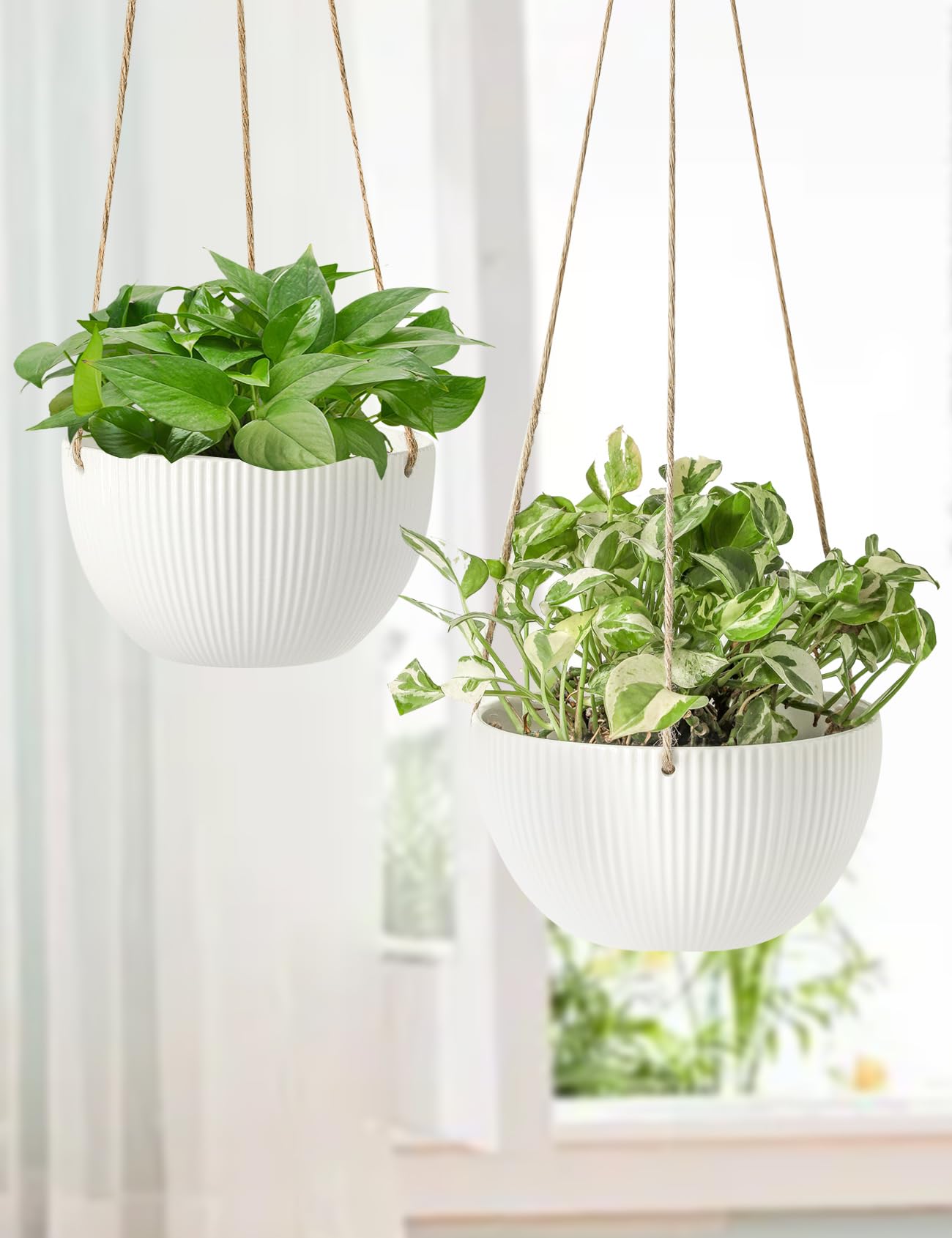 UBEE Ceramic Hanging Planters Indoor Outdoor, 7.5 Inch + 6.5 Inch Hanging Flower Pot for Plants Hanging Basket for Succulent Pothos Herbs Window Home Decor, 2 Pack, White