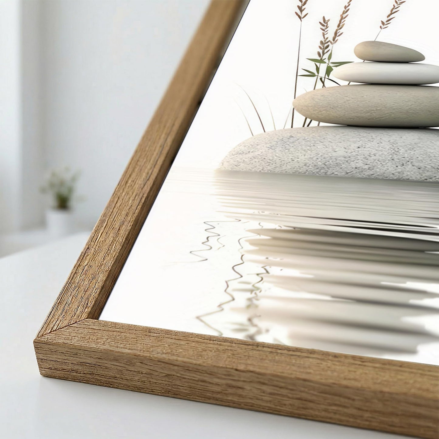 Calming Zen Stone Framed Wall Art - Serene Rock Balance with Water Reflection and Reeds, Natural Wood Frame Perfect for Bathroom, Spa, Living Roomor Meditation Decor 8''x10 Inch
