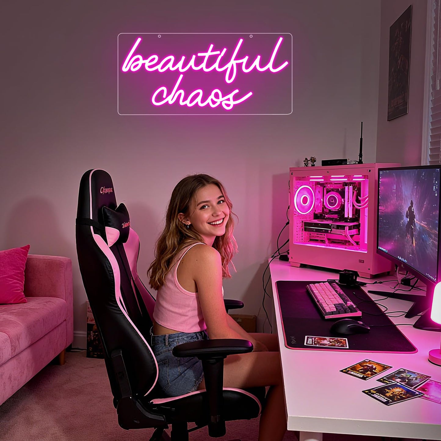 Beautiful Chaos Sign, Beautiful Chaos Led Neon Light Signs for Wall Decor Bedroom Home Bar Birthday Bachelorette Party Café Salon Wall Art Christmas Gift Dimmable USB Powered(16.9" × 7.9")