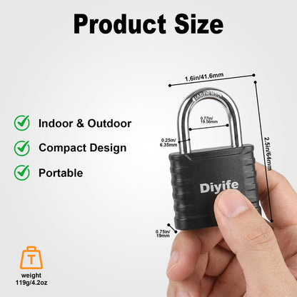 Diyife Padlock with Key, [2 Pack] [3 Keys] Locker Lock with Keys Alike, 5-Pin 41.6mm High Security Keyed Padlock with 1/4 Inch Hardened Steel Shackle, Outdoor Locks for Gym Locker, Fence, Gate, School