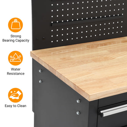 61-inch Rolling Tool Chest, 10 Drawers Garage Workbench Storage Tool Cabinet with Power Strip, Solid Rubber Wood Top, 1675 LBS Load Mobile Workstation, Heavy Duty Rolling Cabinet