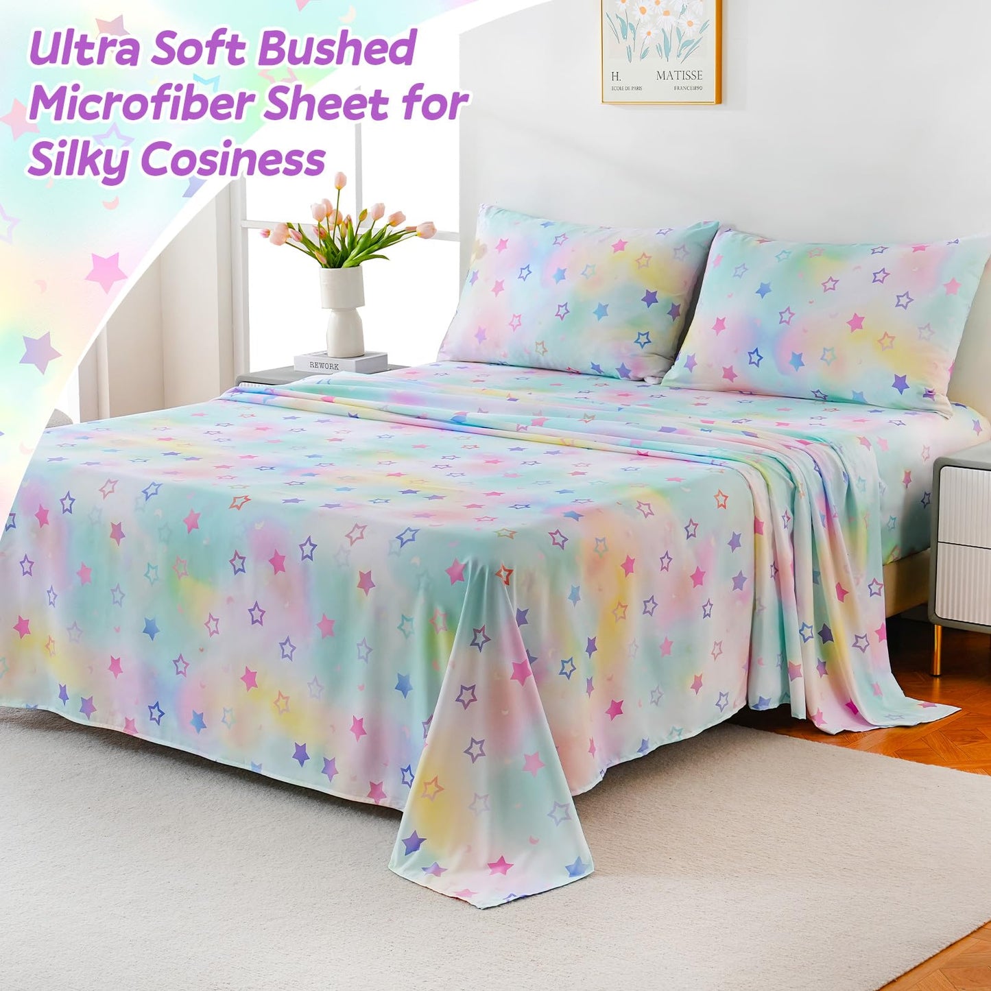 ChicView Queen Sheet Set Kids,4 Pieces Breathable Soft Microfiber Bedsheets for Child Boys Girls, Anti Pilling Deep Pockets Easy Care Bed Sheets, Stars