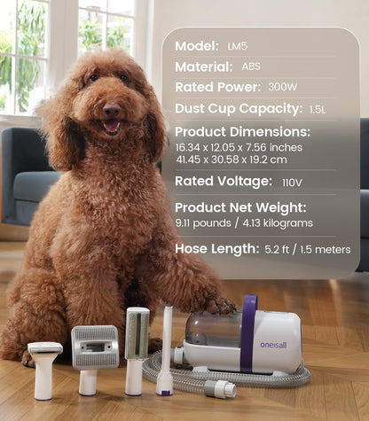 oneisall Dog Grooming Kit with 12 Kpa Vacuum,Dog Vacuum Groomer Suction 99% Pet Hair,Dog Vacuum Brushes,Dog Hair Remover for Shedding and Tangled Hairs