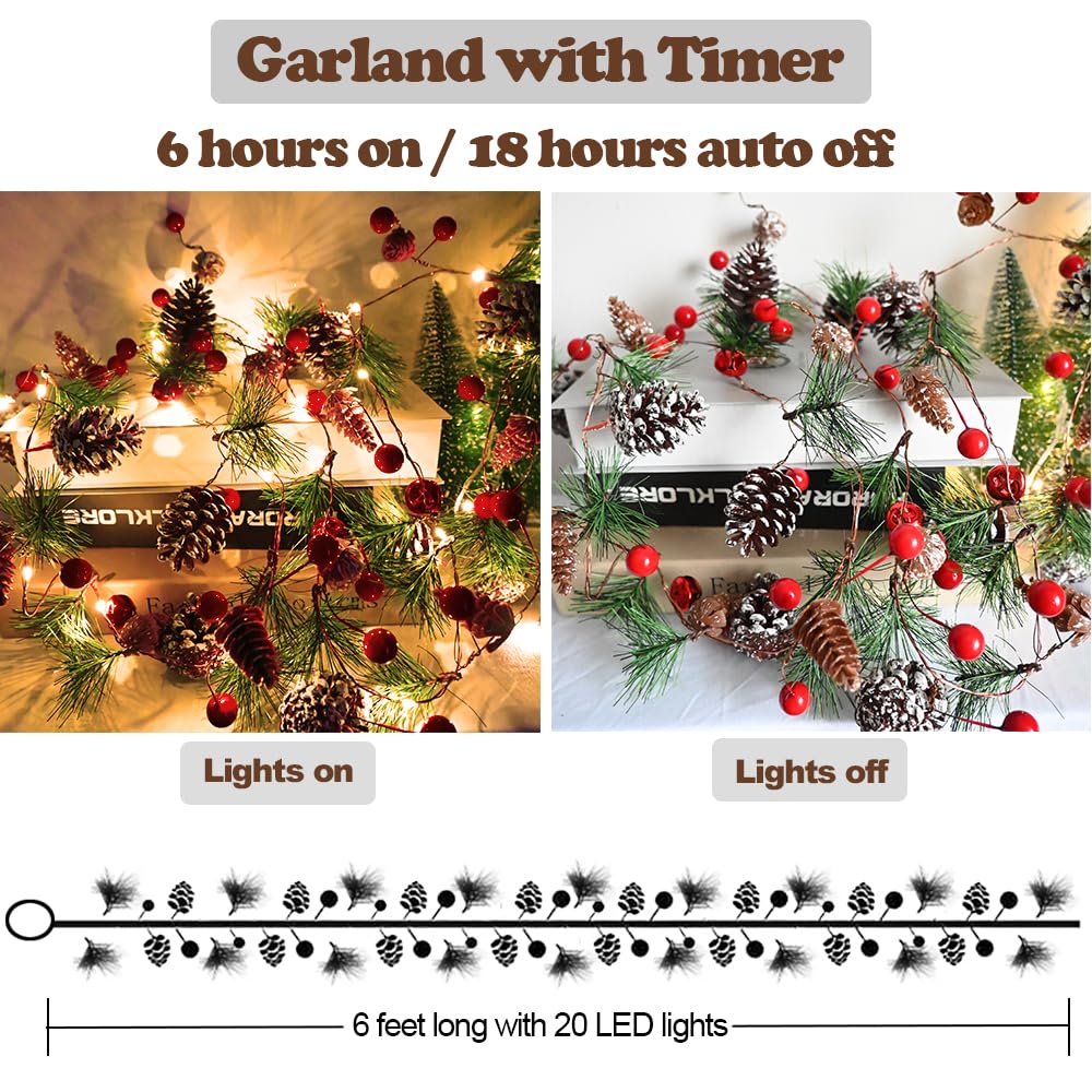 Christmas Pine Garland with Lights 13 Feet 40 LED Battery Operated Garland with Red Berry and Led Lights Xmas Tree Holiday Garlands for Home Windows Fireplace Stairs