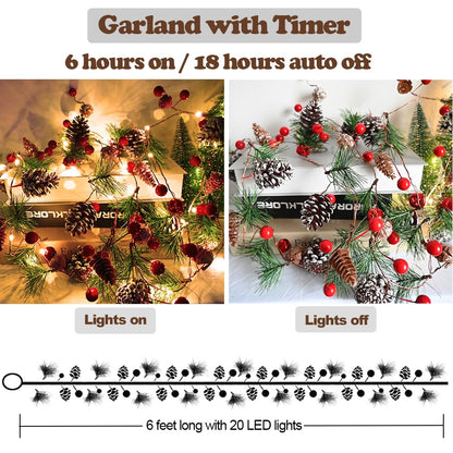 PALONMY Pine Garland with Lights Christmas Garlands 6.56FT 20LED Battery Operated Garland with Red Berry and Holiday Pinecones Prelit Lights for Home Windows Fireplace Stairs