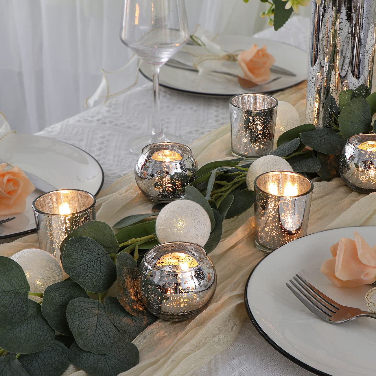 DEVI Silver Votive Tealight Candle Holders 24PCS, Mercury Glass Candle Holders for Table Centerpieces, Tea Party Wedding Table Decor