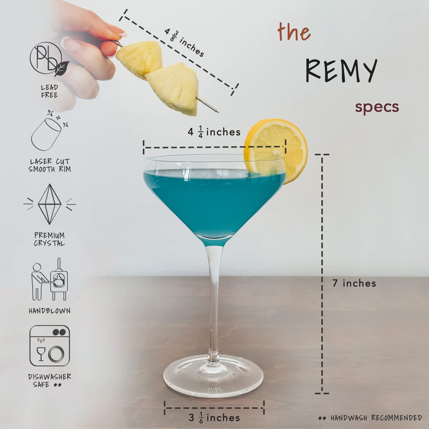 MORA PURE The Remy Coupe - Set of 4, 8oz Handblown Premium Crystal Martini Glasses for Cocktail, Gin & Tonic, Cosmopolitan, Manhattan, Bar, Fancy Mixology, etc. Modern Angle Drinking Glassware