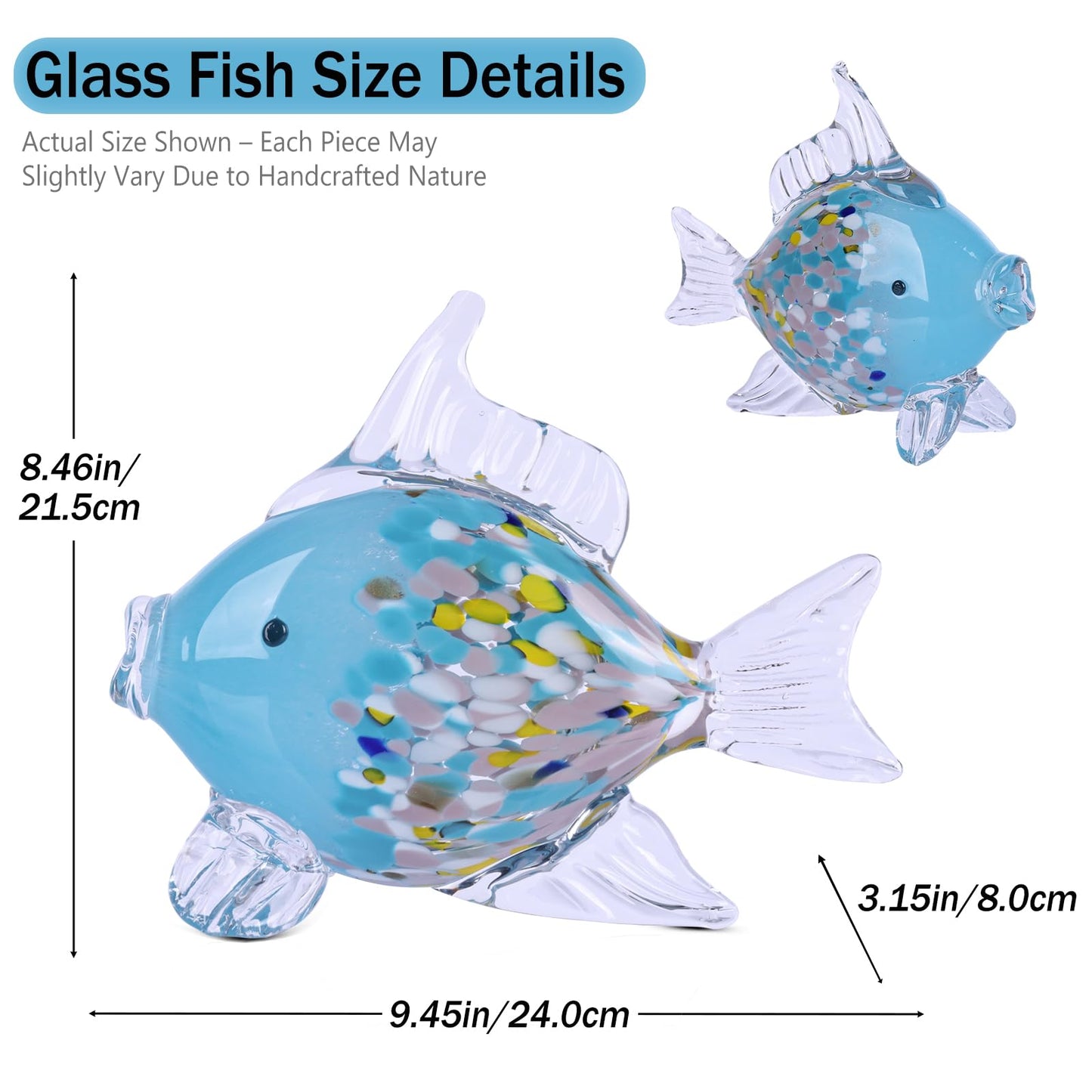 LINYTHER Large Glass Fish Figurine for Home Decor, Hand Blown Art Glass Ocean Animal Statue, Decorative Coastal and Beach Themed Sculpture for Table, Shelf, Bathroom, Living Room or Office