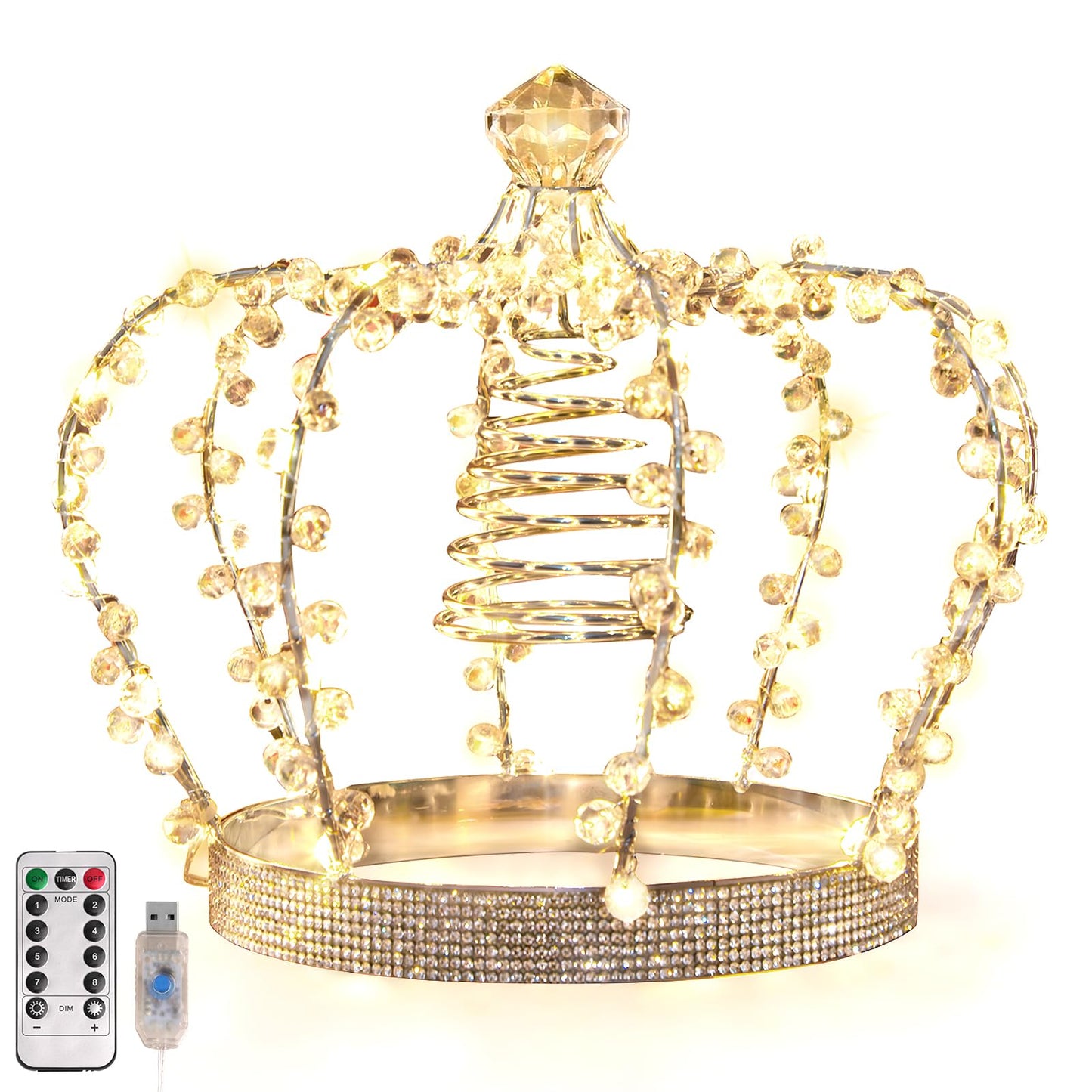 LAWOHO Christmas Tree Topper Star, Jeweled Crown with 60 Warm White LED USB Lighted Tree Topper, Xmas Tree Decor with Remote Control 8 Lighting Mode, Timer, Dimmer for Christmas Tree Ornament（Silver）