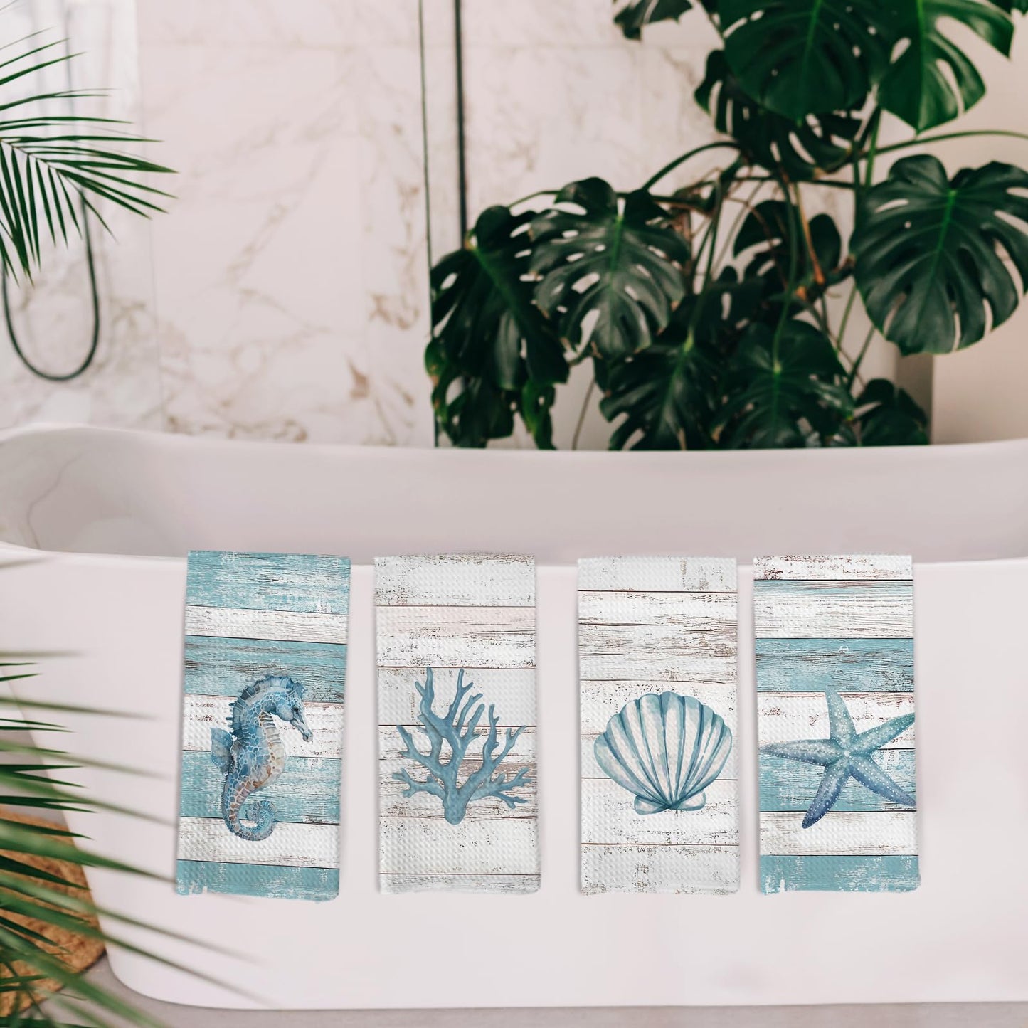 KFXHANGD Beach Coastal Kitchen Towels and Dishcloths Set of 4, Lake House Nautical Beachy Dish Towels, Starfish Seahorses Coral Seashell Decorative Hand Tea Towel for Bathroom Kitchen, 16x24 Inches