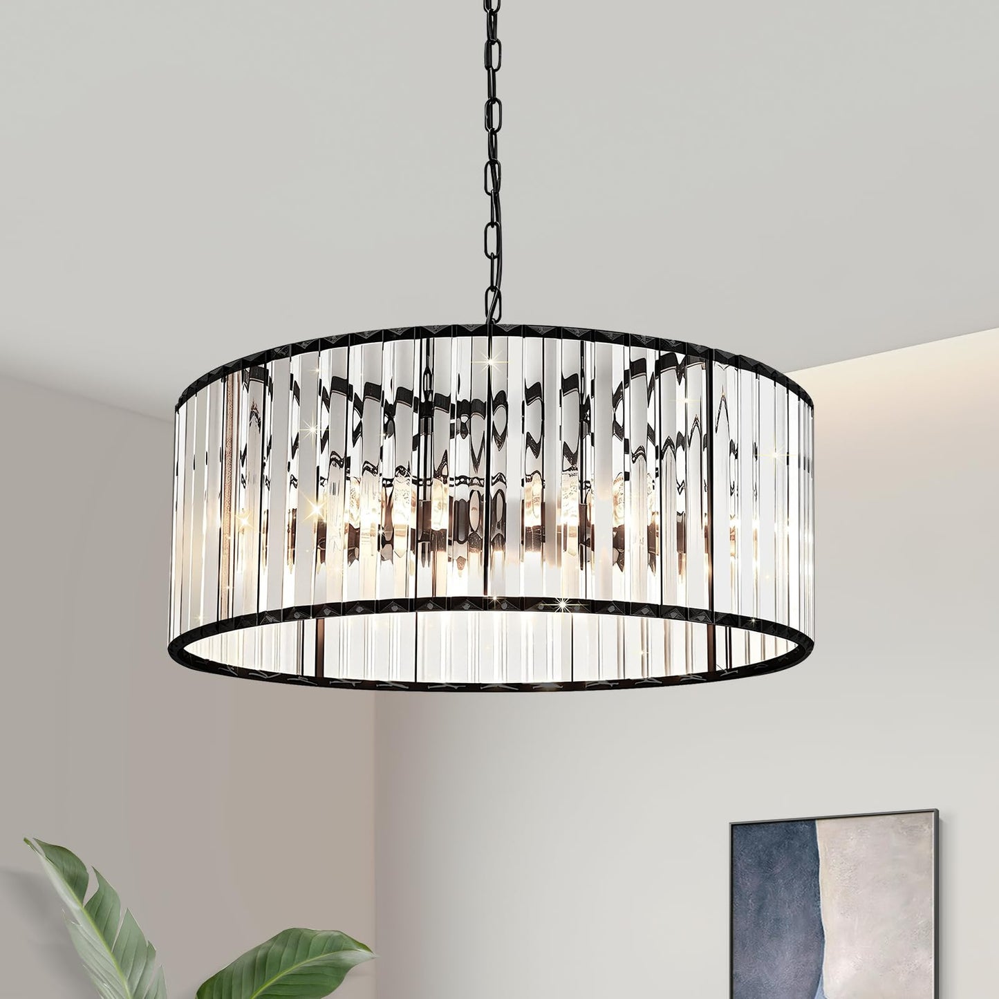 KRETAELY 17.7" Black Crystal Chandelier, 6-Light Crystal Chandeliers for Dining Room with Adjustable Height, Farmhouse Dining Room Light Fixture for Dining Room, Living Room, Bedroom, Entryway