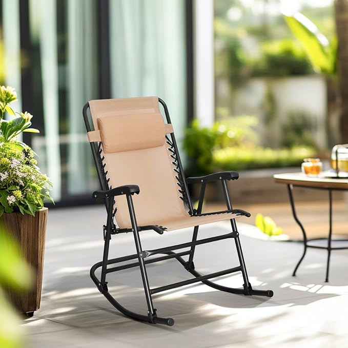 Amazon Basics Outdoor Portable Folding Rocking Chair with Headrest, Ergonomic Design, Weather-resistant Patio Reclining Lounge Chair for Porch, 33.6 x 37.4 x 26 inch, Beige