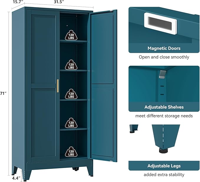 YAUWOH 71''Metal Cabinet with 4 Adjustable Shelves, 5-Tier Pantry Storage