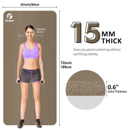 Yoga Mat Non Slip NBR Thick Yoga Mat, 72"L x 32"/24"W x 0.6"/0.4"TH (185cm x 80cm/61cm x 15mm/10mm), Anti-Tear Exercise Mat with Carrying Strap and Bag, Workout Mats for Yoga, Pilates, Floor Exercises