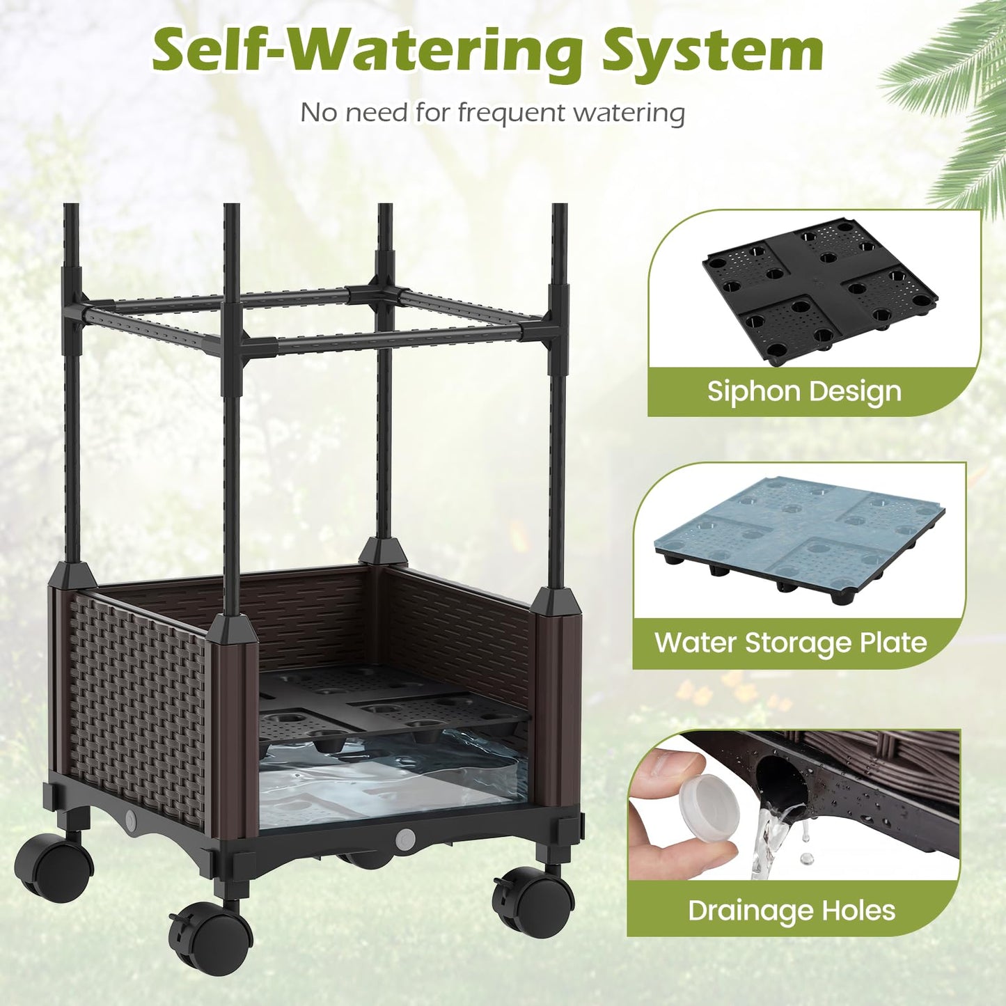 HAPPYGRILL Raised Garden Bed with Trellis, Self-Watering Tomato Cages, 83” 67” 51” Adjustable Height, Indoor Outdoor Obelisk Planter Box w/Trellis & Wheels for Climbing Plants Vines Fruits (2)