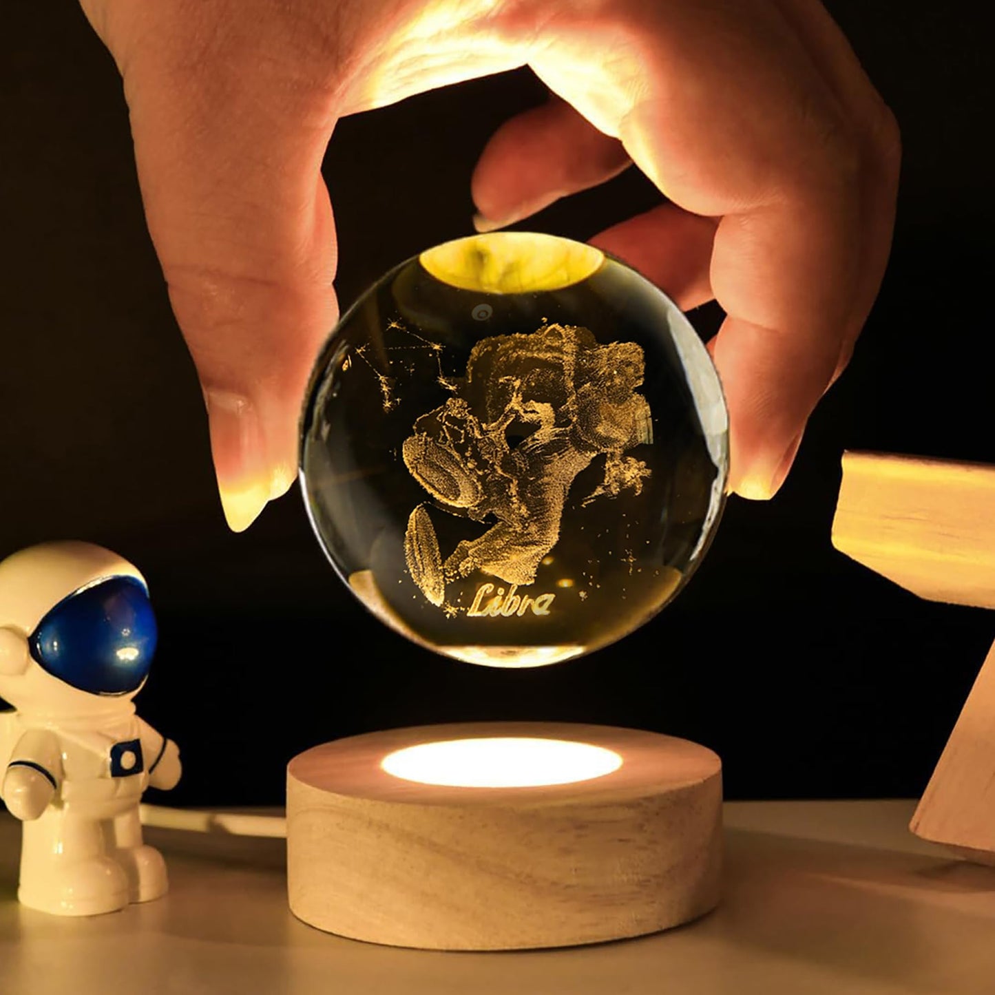 QIANCHANG 3D Laser Etched Libra Crystal Ball with LED Light Stand, Constellation Decor Glass Sphere Lamp, Zodiac Astrology Birthday Gifts for Women Kids