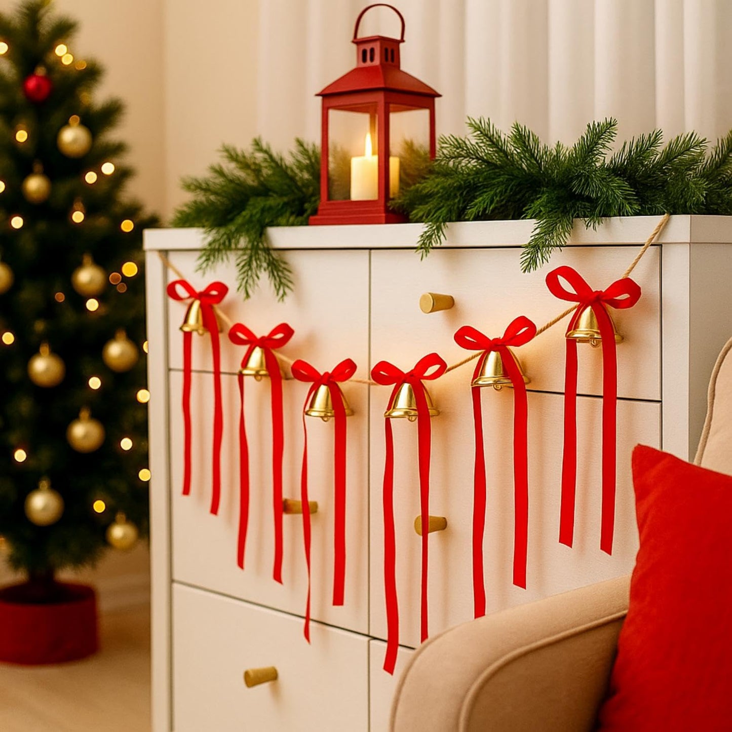 Suncalla 10 Feet Christmas Velvet Bow Garland with Jingle Bell Red Ribbon Bow Jingle Bell Banner Velvet Christmas Ornaments for Xmas Tree Fireplace Staircase Indoor Outdoor Decoration