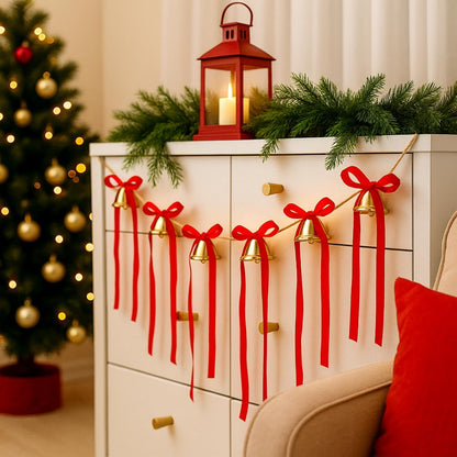 Suncalla 10 Feet Christmas Velvet Bow Garland with Jingle Bell Red Ribbon Bow Jingle Bell Banner Velvet Christmas Ornaments for Xmas Tree Fireplace Staircase Indoor Outdoor Decoration