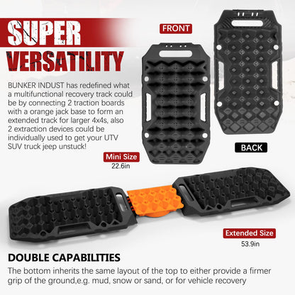 BUNKER INDUST Offroad Traction Boards with Jack Base (Gen 8) Black + Heavy Duty Tow Strap Recovery Kit