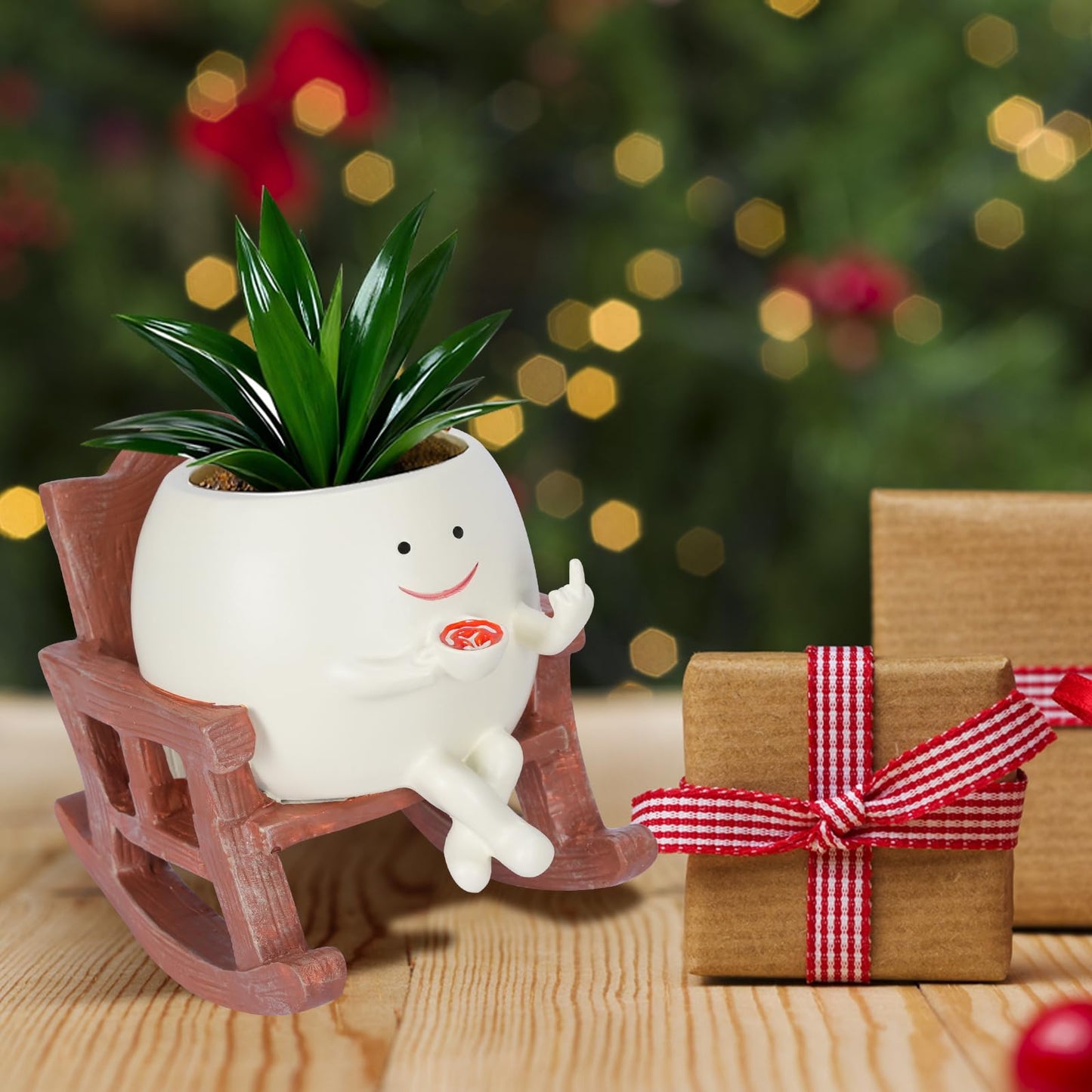 Heakrit Smiley Face Plant Pots, Cute Resin planters for Indoor Outdoor, Unique Rocking Chair Succulent Pots with Drainage Hole, Gift IdeaI for Family and Friends, Brown