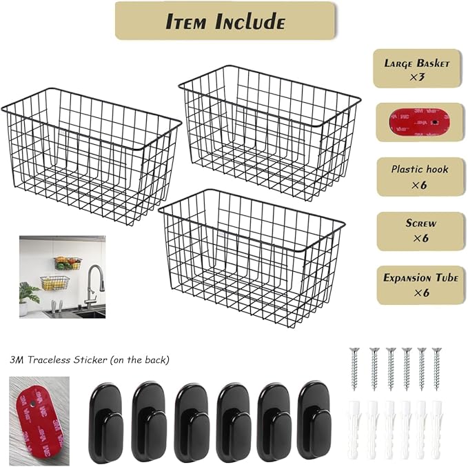 3 Pack【Extra Large】Hanging Kitchen Basket, Wire Storage Basket,