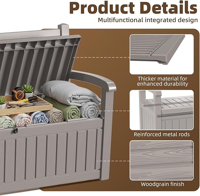 EasyUp 80 Gallon Wood Grain Style Outdoor Storage Bench, Waterproof and Lockable Deck Box Outdoor Storage Furniture for Patio,Garden,and Porch – Perfect for Storing Garden Tools and Cushions(Gray)