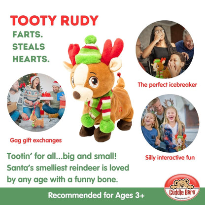 Cuddle Barn | Tooty Rudy - Farting Reindeer Toy | Christmas Plush Walks, Shakes Tail, Makes Fart Noises - Sings We Wish You a Smelly Christmas | White Elephant Gift for Adults, Teens, Kids - 10 Inches