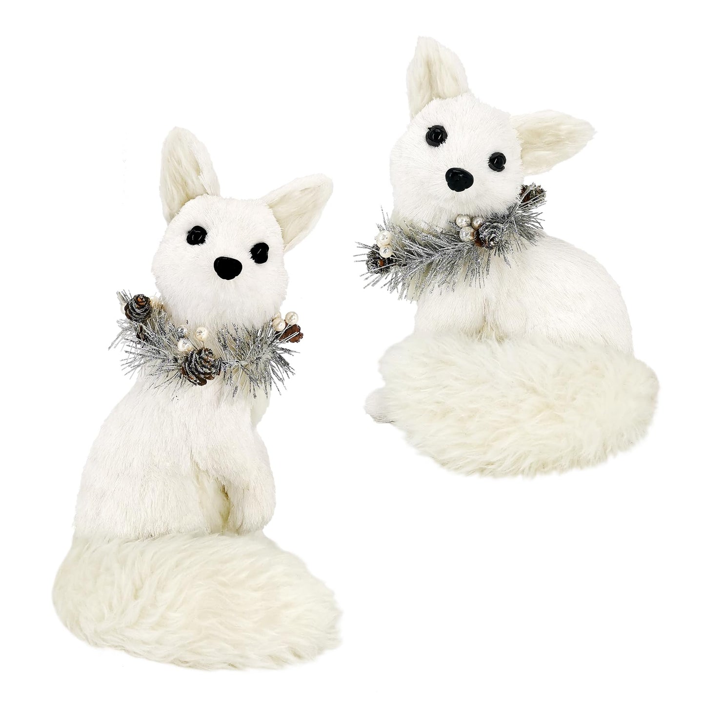 naturevibe 11.6 Inches Sisal Arctic Fox Figurine with Silver Garland Set of 2, Realistic Woodland Christmas Decor Animals as Winter Wonderland Decorations,Christmas Centerpiece or Fireplace Decor