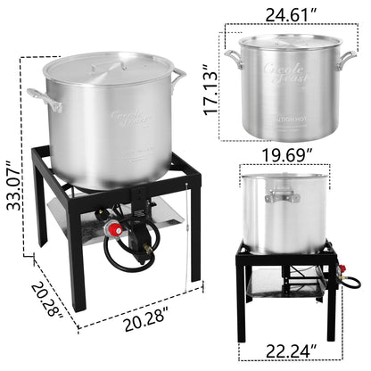 Creole Feast SBK0801 80 Qt Seafood Boiling Kit with Strainer, Outdoor Seafood Boil Pot and Basket with 100,000 BTUs Propane Burner and 10 PSI Regulator, Black & Silver