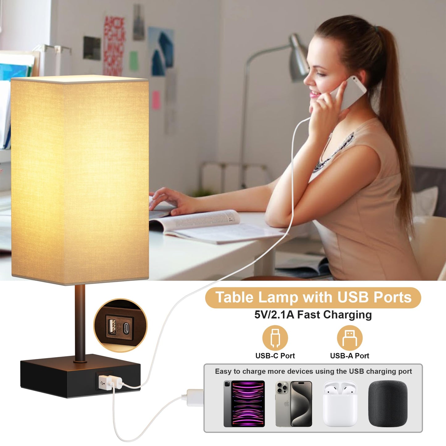 Sailstar Bedside Lamps, Table Lamp with USB C+A Charging Ports, 3 Way Dimmable Touch Control, Small Nightstand Lamps for Bedroom, Home Decor, Living Room, LED Bulbs Included, Upgraded Beige