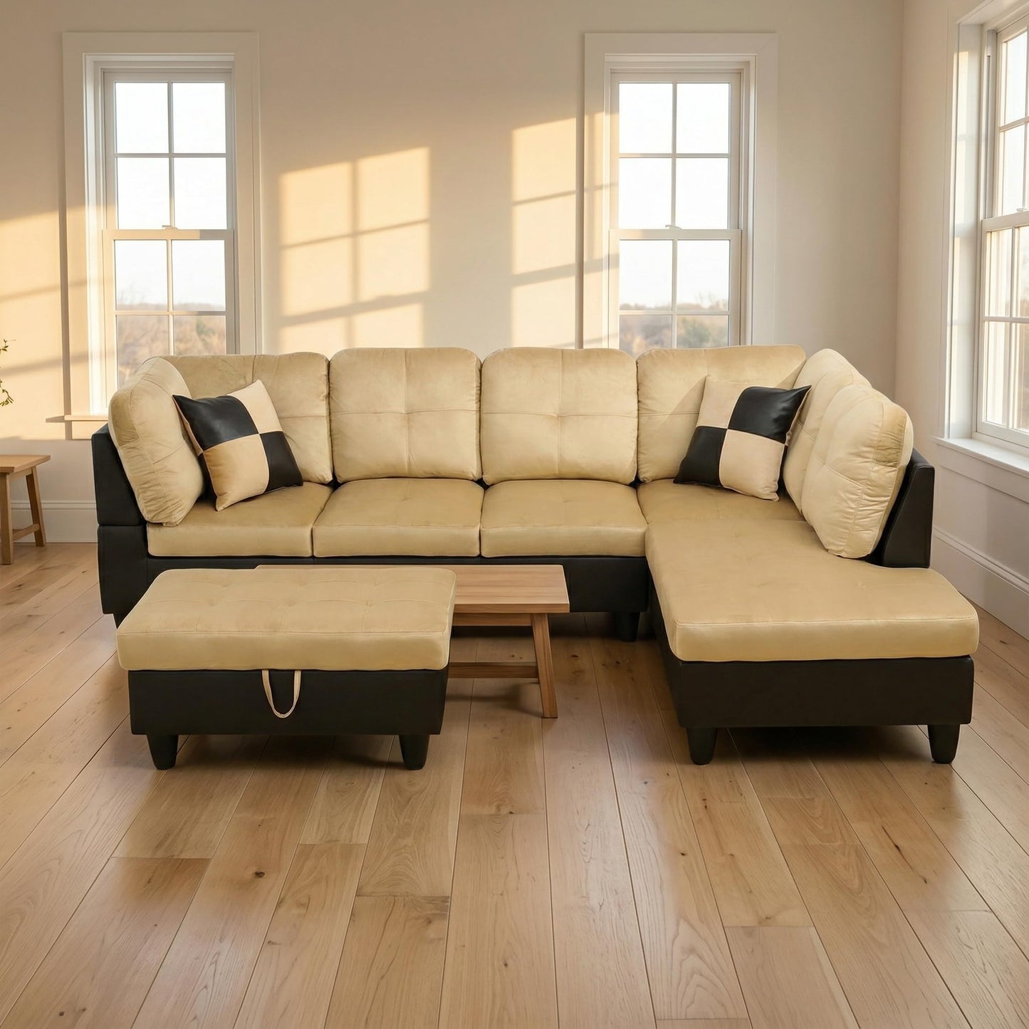NicBex Sectional Couch 3 Pieces Sofa Set, L-Shaped Modular Couches for Living Room, Furniture Sets with Lounge Chaise & Storage Ottoman, Multi-Scene Use for Apartment & Office, Beige+Black