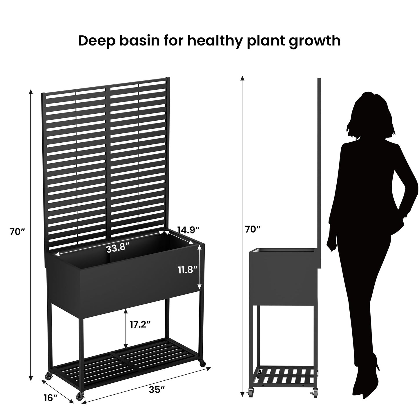 Metal Planter with Trellis for Outdoor,Elevated Rust-Proof Raised Garden Bed with Legs & Wheels,70" Privacy Planter for Climbing Plants & Flowers,Outside Movable Raise Box for Patio,Black (Black)