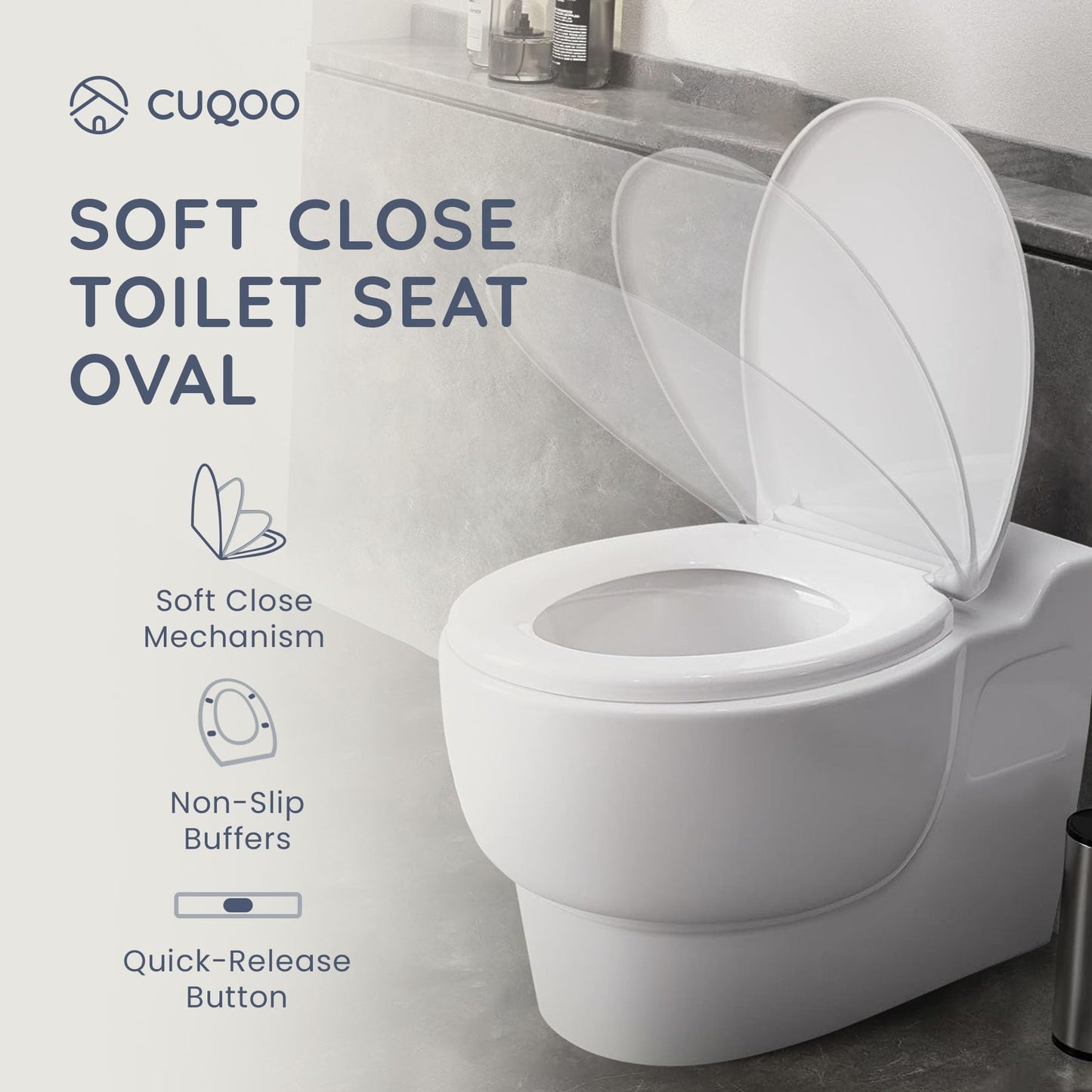 CUQOO Oval Toilet Seat Soft Close with Quick Release Hinges - Adjustable White Seat for Modern Bathrooms, Durable Anti-Slip Easy-to-Clean and Universal Fit Design for Standard O-Shape Toilets
