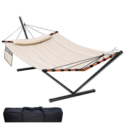 TegerDeger 12FT 2 Person Hammock with Stand Included 55 x 79IN Large Hammock 450LB Capacity with Hardwood Spreader Bar & Nylon Rope for Outside, Patio, Garden, Backyard, Beach, Poolside - Beige