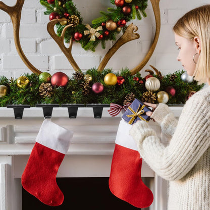 HMASYO Christmas Stocking Holders for Mantle Set of 4, Black Heavy Duty Iron Stocking Hangers Base, Low Profile Weighted Stocking Holder Hooks for Fireplace Tabletop Shelf Christmas Decoration