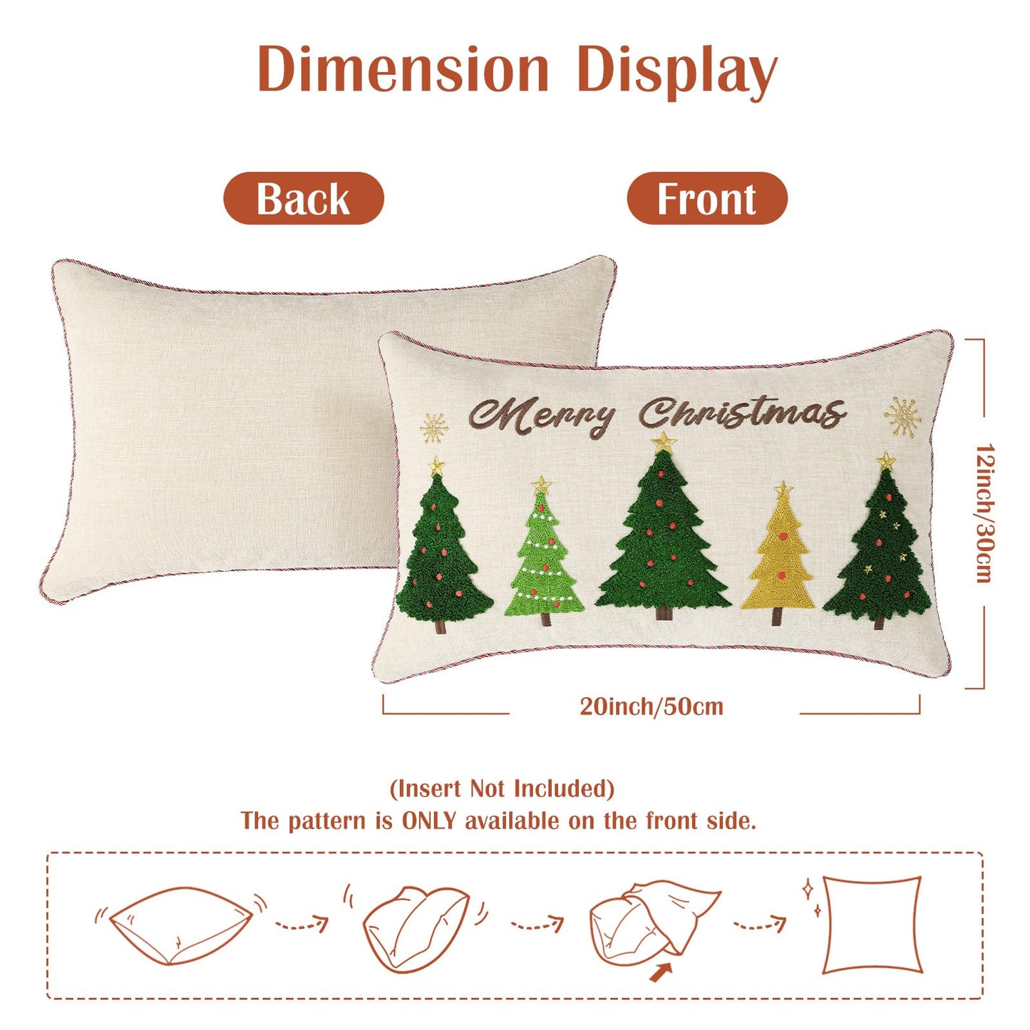 Lewondr 12x20 Inch Christmas Throw Pillow Cover, Christmas Decorative Pillow Case with Embroidered Xmas Tree, Throw Pillowcase Cushion Cover Xmas Decor for Bed Home Decor Living Room (1PCS)