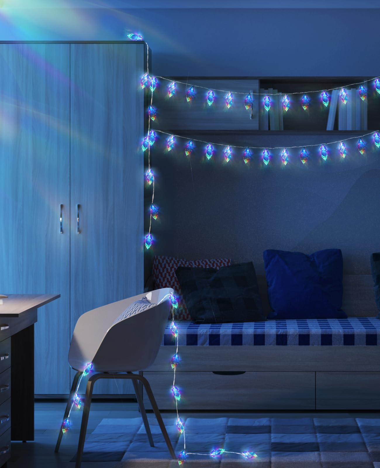 AceList Iridescent String Lights Indoor, 20 LED 9.84FT Holographic Battery & USB Powered, 8 Lighting Modes, Crystal Diamond Fairy Lights for Wedding, Christmas, Party, Room Décor