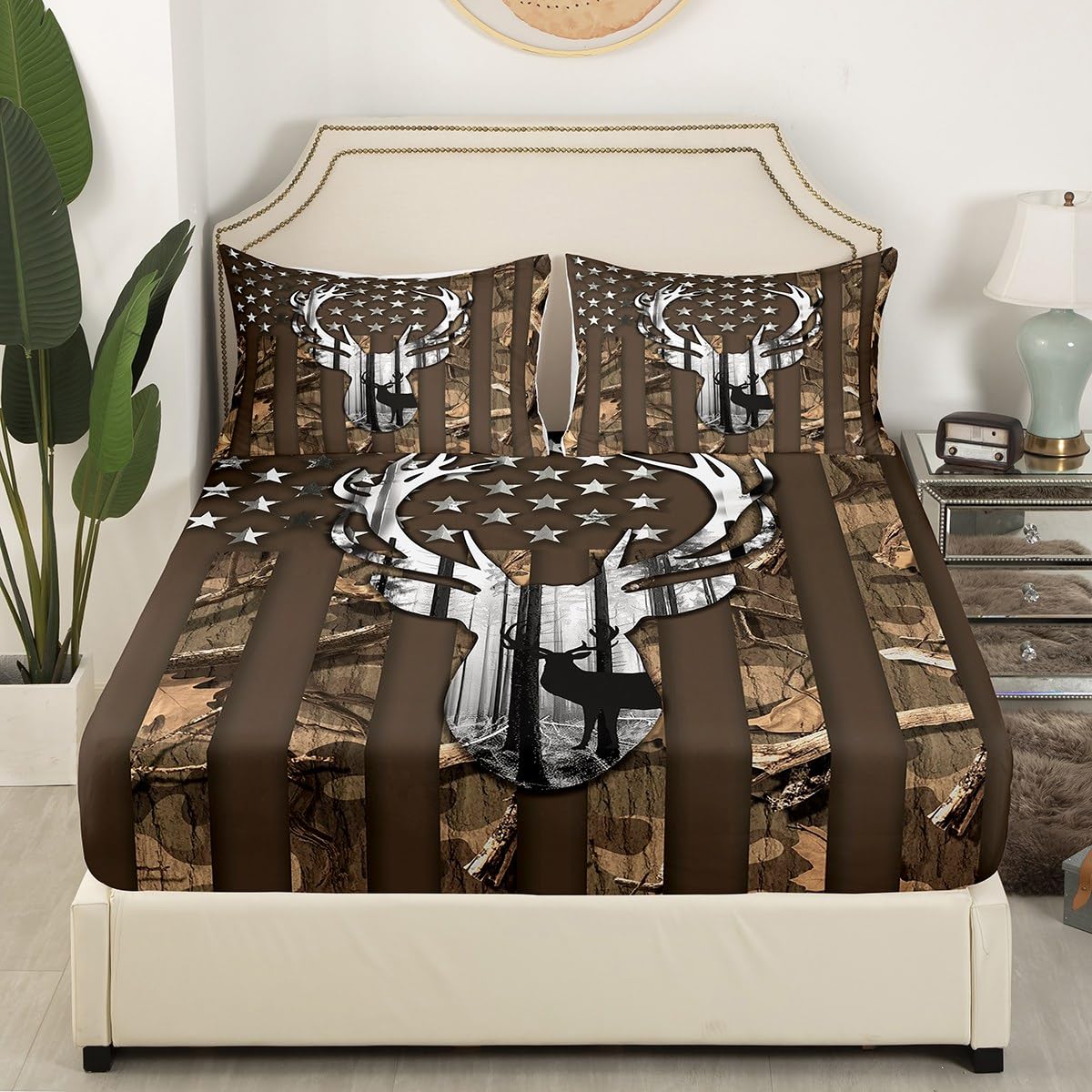 Kids Camo USA Flag Bed Sheet Set King Size,Brown Camouflage American Flag Quality Brushed Microfiber Luxury Bedding Set, Deer Antlers and Trees Bedding (1 Fitted,1 Flat,2 Pillowcases),Soft Fabric