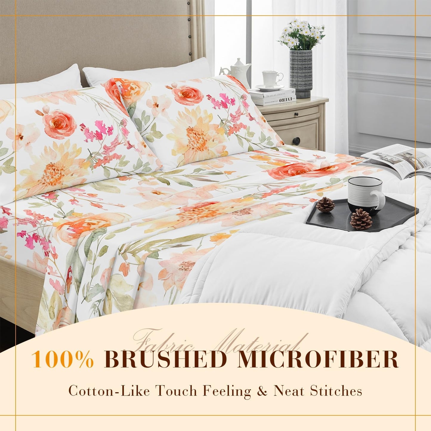 YIYEA Floral Sheets King Size, Premium Double Brushed Microfiber Bed Sheet Set for All Season, Soft Breathable, 16" Deep Pocket, Shrinkage and Fade Resistant, 4PC, King