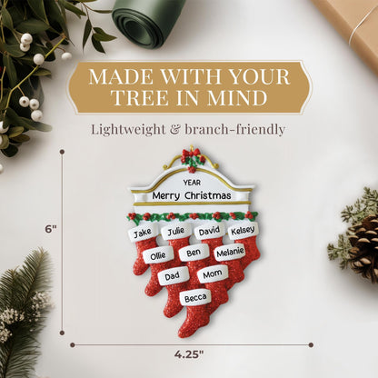 Personalized Large Family of 10 Ornament 2025 | Free 24h Customization | Laser Engraved Red Stocking Christmas Ornaments for Tree | Custom Gift Wrapped Festive Holiday Mantel Keepsake for Ten Persons