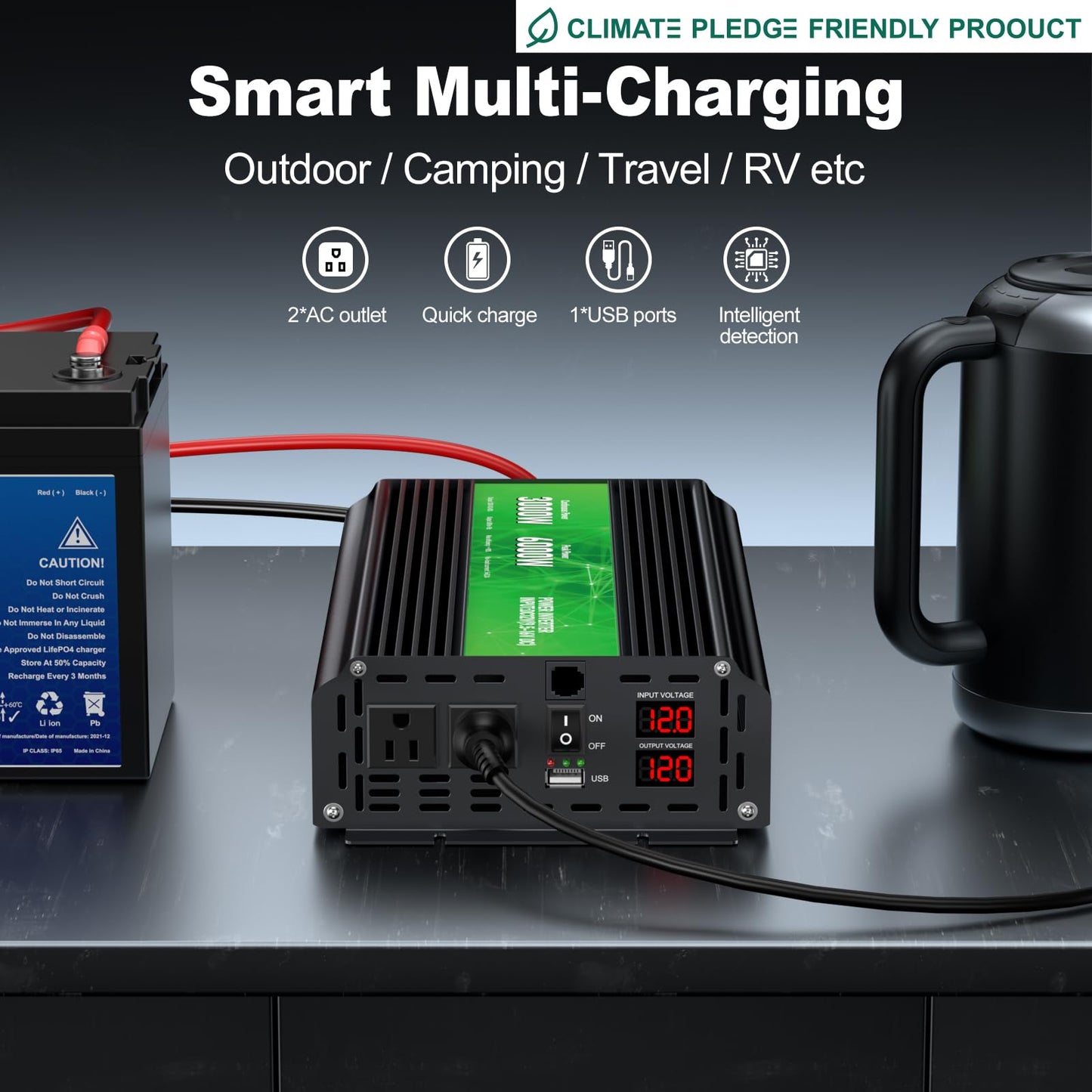 3000W Power Inverter 12V DC to 110V/120V AC Converter, 6000W Peak, LCD Display & Remote Control, Dual AC Outlets & 3.4A USB Port for RV, Truck, Solar System, Emergency Backup, Camping & Off-Grid Power