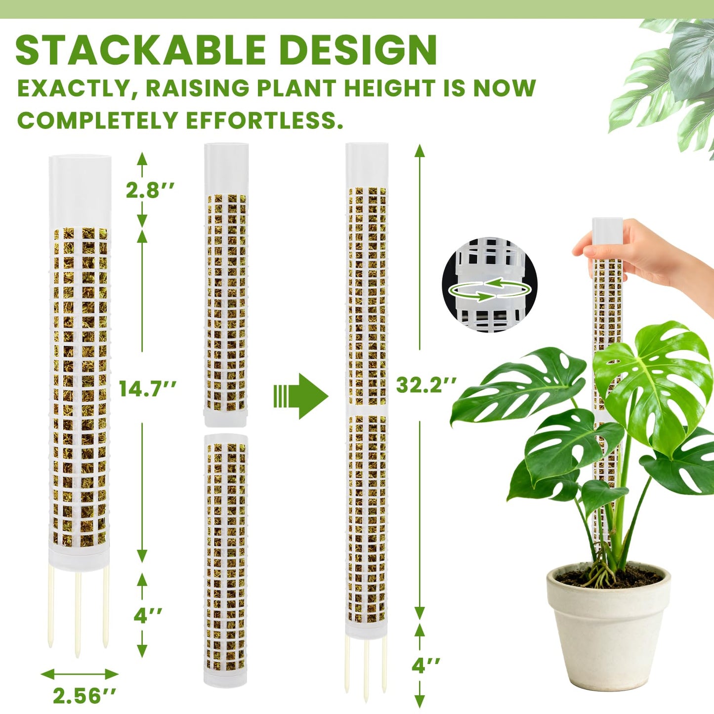 NZNDB Moss Pole Monstera Plant Support, 2Pack 17 Inch Self Watering Moss Pole for Climbing Plants, Stackable & Refillable Plastic Moss Poles for Garden Potted Planter, Pothos