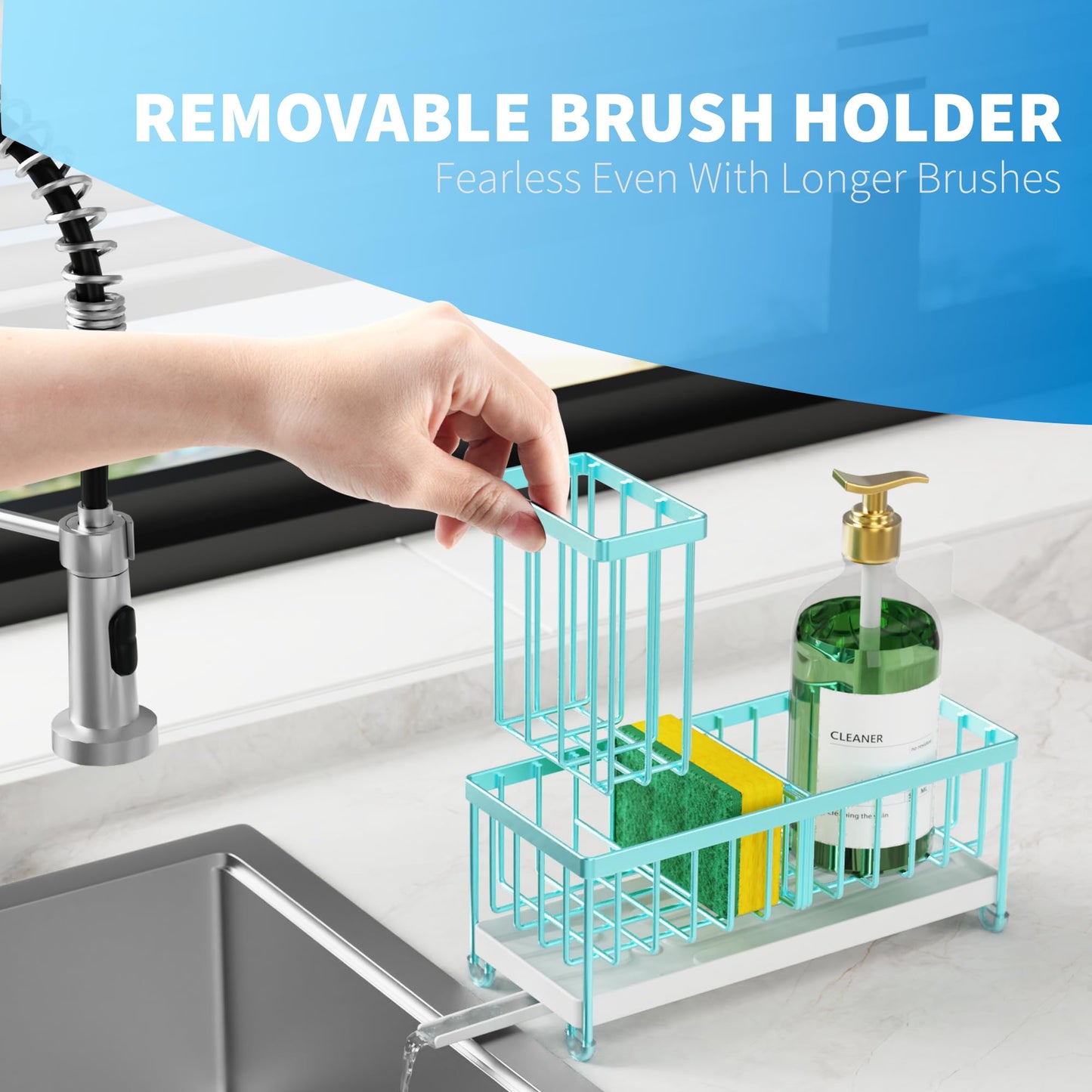 Cisily Black Sponge Holder for Kitchen Sink, Sink Caddy Organizer with High Brush Holder, Kitchen Countertop Organizers and Storage Essentials, Rustproof 304 Stainless Steel, Soap Dispenser Organize
