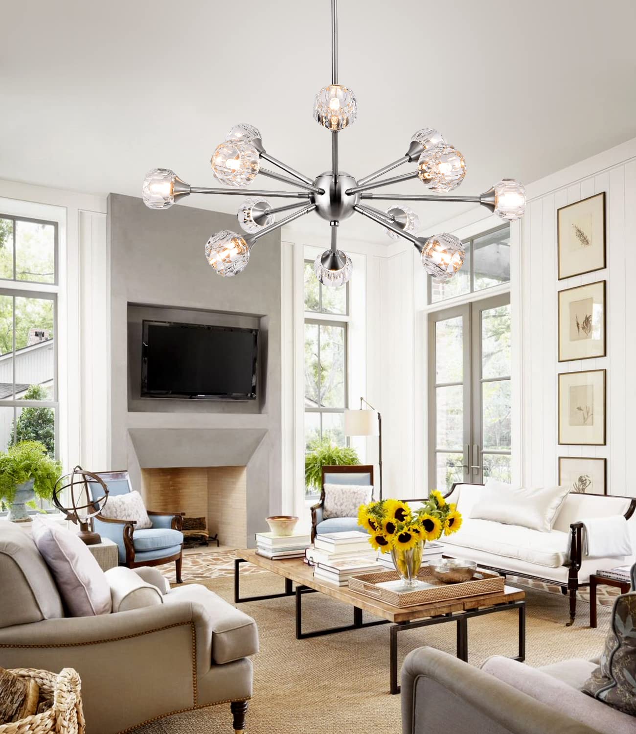 MKONOL Modern Sputnik Crystal Chandelier, 12-Light Brushed Nickel Firework Chandelier, Mid Century Dandelion Pendant Light Fixture for Dining Room, Living Room, Bedroom, G9 Base (Bulbs Not Included)