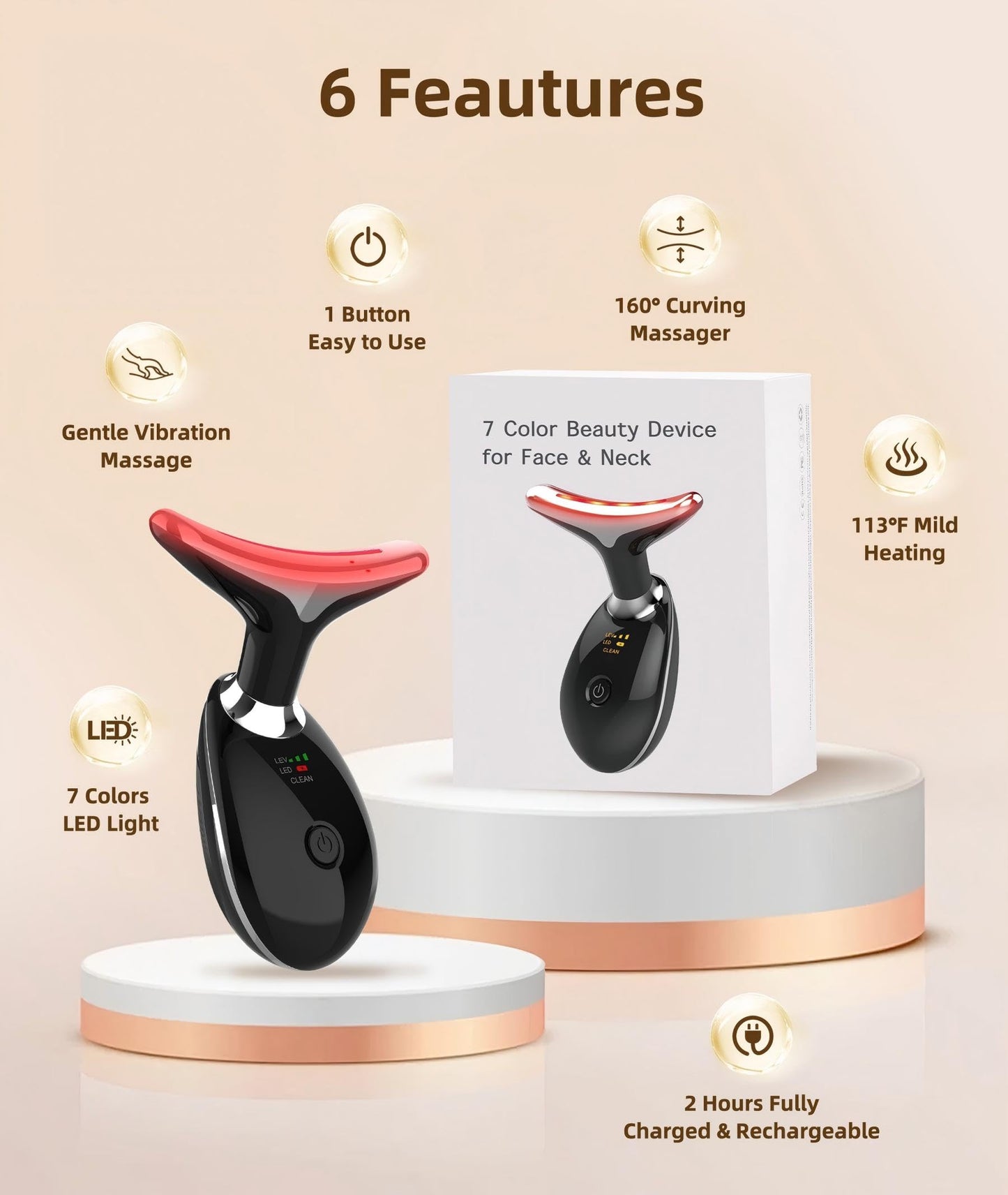 Red-Light-Therapy-for-Face and Neck, 7 Color Light Based Facial Massager, Portable Skin Care Tool (Black)