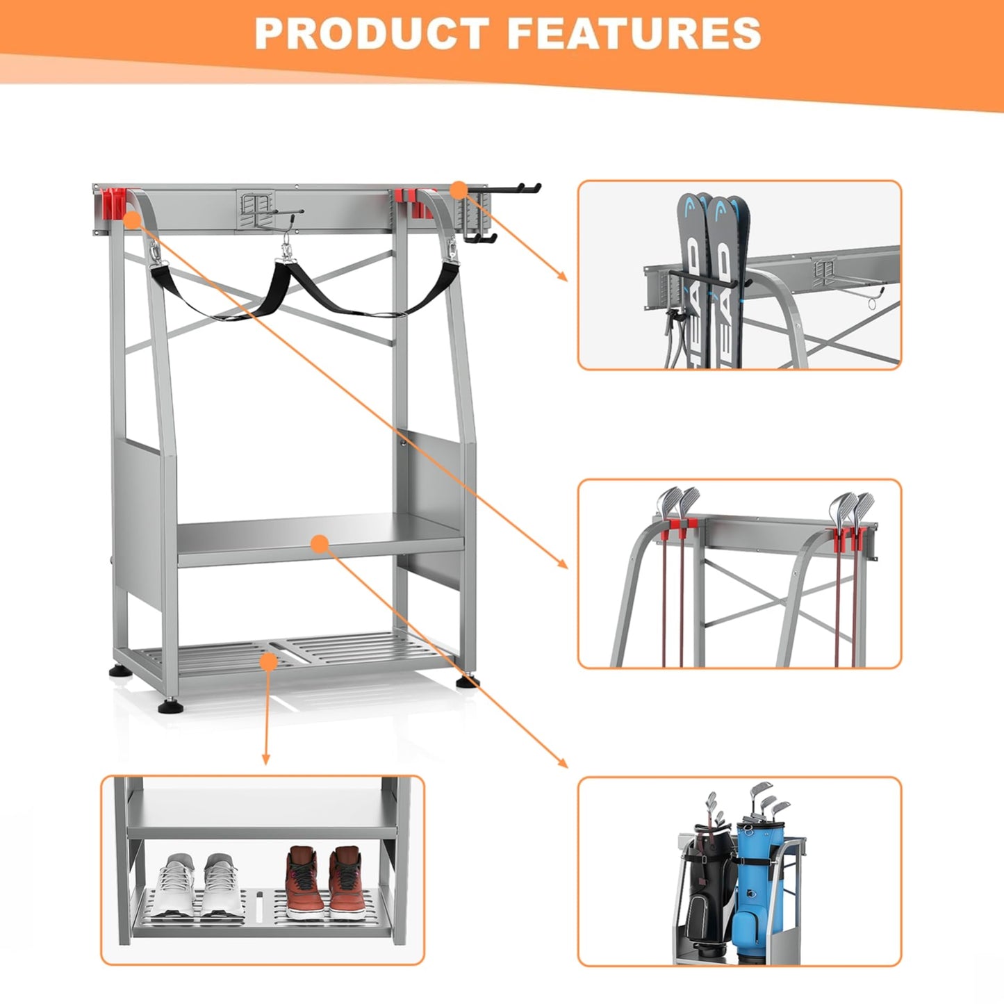 WALMANN Wall Mount Golf Bag Organizer, 2 Golf Bags Stand Golfing Equipment and Accessories Storage Rack for Garage(Silver)
