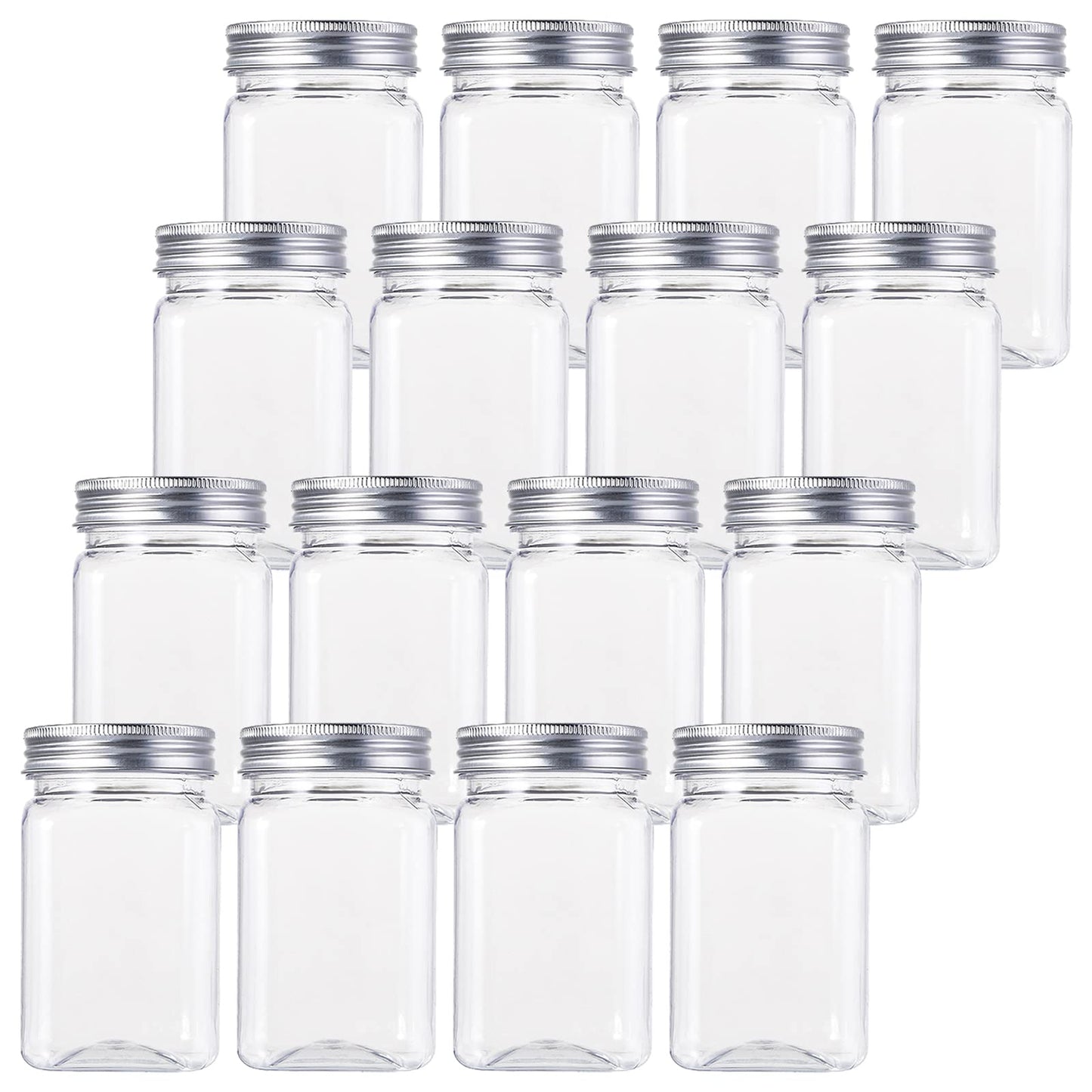 Bekith 16 Pack Clear Plastic Jars with Lids, 13oz Airtight Container for Food Storage, Refillable Square Empty Plastic Jars for Dry Food, Peanut Butter, Honey and Jam Storage